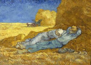 Vincent van Gogh Siesta palapeli on Enjoyn 1000-palainen taidepalapeli. Kuvassa nainen ja mies lepäävät heinätöiden jälkeen.