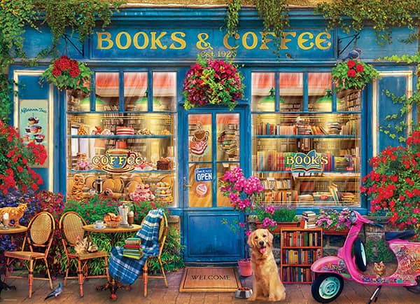 Kirjoja ja kahvia palapeli (Books & Coffee) on Eurographicsin 1000-palainen. Kuvassa viehättävä kirjakauppa, josta saa myös kahvia.