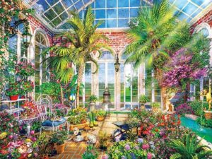 Kasvihuone palapeli (Glass Garden Summer Conservatory) on Eurographicsin 1000-palainen. Ison kasvihuoneen kattoikkunoista siivilöityy valoa ja kasvit kukoistavat.  Palat on Smart cut -leikkauksella eli ovat yksilllösiä.