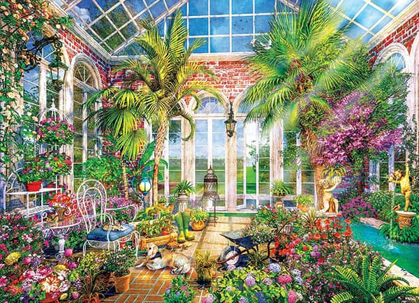 Kasvihuone palapeli (Glass Garden Summer Conservatory) on Eurographicsin 1000-palainen. Ison kasvihuoneen kattoikkunoista siivilöityy valoa ja kasvit kukoistavat.  Palat on Smart cut -leikkauksella eli ovat yksilllösiä.