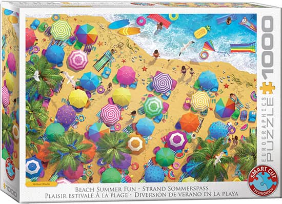Beach summer fun palapeli on Eurographicsin 1000-palainen kesäpalapeli. Värikkäät aurinkovarjot täplittävät hiekkarantaa, uimalelut ja -laudat värittävät turkoosia vettä. Mikä ihana rantafiilis!