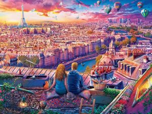 Pariisin katot palapeli on Eurographicsin vuoden 2024 uutuuksia. Kuvassa nainen ja mies istuvat korkealla Pariisin kattojen yllä. Edessä levittäytyy kaupunki ja etäällä näkyy Eiffel-torni. Palapelissä on 1000 palaa.