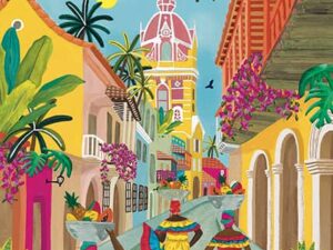 Cartagena palapeli 1000 palaa on katukuvaa espanjalaisesta kaupungista. Upeisiin juhlapukuihin pukeutuneet naiset kuljettavat hedelmiä päänsä päällä. Parvekkeiden kukat kukkivat purppurapilvinä. Kadun varrella näkyy kirkko. 