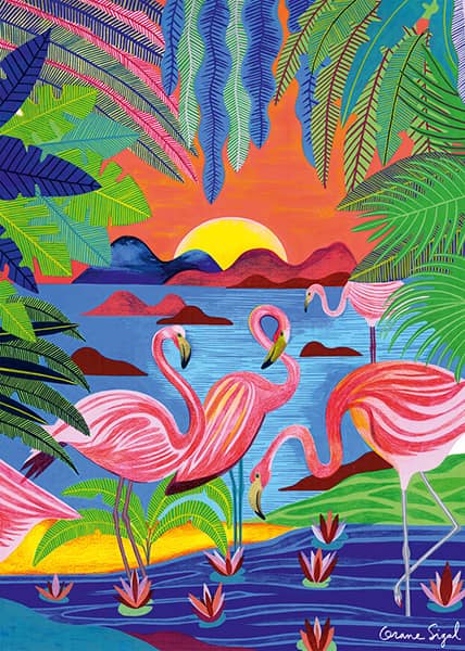 Flamants Roses palapeli on on ranskalaisen Pieces & Peace -palapelivalmistajan ihana 1000-palainen taidepalapeli, joka vie palapelin kokoajan flamingojen kanssa tropiikkiin. Kuvitus on Orane Sigalin käsialaa.