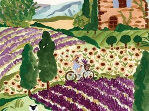 Provence palapeli 2000 palaa on Pieces & Peacen valmistama. Sabina Fennin kuvituksessa nainen pyöräilee kukkaloiston keskellä kesäisessä, ranskalaisessa maisemassa. Lampaat käyskentelevät niityllä. Pieni Harrastepuoti