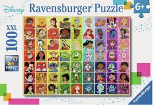 Disney hahmot palapeli 100 palaa on Ravensburgerin värikäs koottava, jossa Disneysn tutut hahmot on koottu samaan kuvaan. Ihanan värikäs palapelattava innostaa lasta ja saa hänet viihtymään tuttujen hahmojen seurassa pidempäänkin.