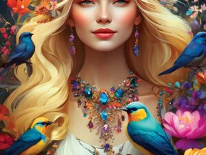 Aurora palapeli on Bluebirdin 1000-palainen, jonka kuvassa vaaleahiuksinen nainen poseeraa upea koru kaulassaan. Linnut ja kukat tuovat kuvaan lisää yksityiskohtia. 