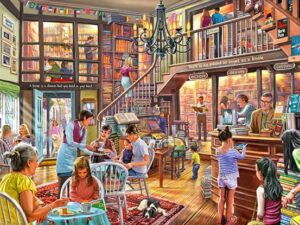 Kirjakaupan teehuone palapeli on ranskalaisen Bluebirdin 1000-palainen. Asiakkaat nauttivat kirjoista ja kahvilan antimista.  Bluebirdin palapat menevät hyvin omille paikoilleen eikä palat kiillä.
