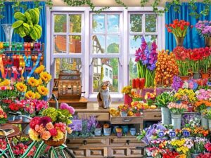 Kukkakauppa palapeli on ranskalaisen Bluebirdin 500-palainen. Kuvassa värikkäät kukat tuovat kevään ja kesän mieleen. 