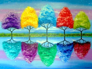 Each Tree Has Its Own Colorful History palapeli on Enjoyn 1000-palainen. Lilan, keltaisen, turkoosin, punaisen ja vihreän puun kuva heijastuu veteen ja värjäytyy eri väreihin.