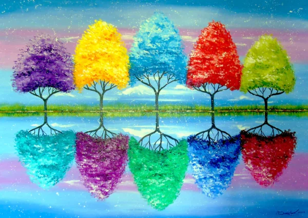 Each Tree Has Its Own Colorful History palapeli on Enjoyn 1000-palainen. Lilan, keltaisen, turkoosin, punaisen ja vihreän puun kuva heijastuu veteen ja värjäytyy eri väreihin.