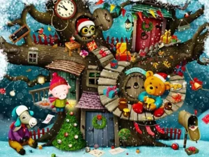 Fairy Tale Christmas palapeli on Enjoyn 1000-palainen. Suloiset eläimet valmistautuvat jouluun.