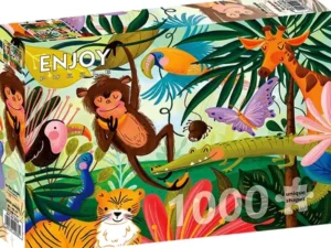In the Jungle palapeli on Enjoyn 1000-palainen. Kuvassa viidakon eläimet kuten apina, tiikeri, kirahvi, krokotiili ja perhonen värikkäässä viidakkomaisemassa.