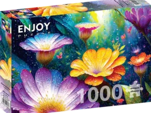 Flowers in the Rain palapeli on Enjoyn 1000-palainen. Kuvassa värikkäät kukat ovat saaneet sadepisaroit lehdilleen.