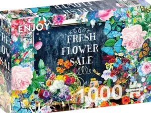 Flower Sale palapeli on Enjoyn 1000-palainen kukkapalapeli. Kuvassa kukkamyyjäiset, "Fresh Flower Sale -kyltti ja upeat kukat ympärillä. Enjoyn palat eivät kiillä, ja palat ovat yksilölliset ja menevät vain omille paikoilleen.