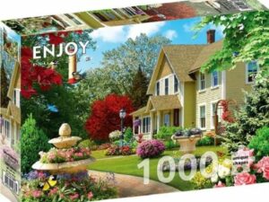 Summer Morning palapeli on Enjoyn 1000-palainen. Kuvassa talon puutarhassa kukkii värikkäät kukat, puut ovat värittyneet vihreän ja punaisen sävyihin.
