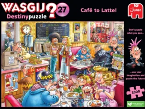 Wasgij Destiny 27 Coffee to Latte palapeli on alankomaalaisen Jumbon 1000-palainen mysteeripalapeli, joka vie kahvilaan.