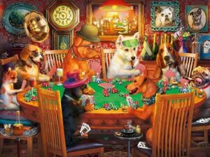 Pelaavat koirat palapeli (The Gambler Dogs) on Art Puzzlen 500-palainen. Kuvassa koirat pelaavat pokeria.