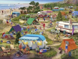 Leirintäalue palapeli (Seaside Cramped Grounds) on ranskalaisen Bluebirdin 500-palainen. Nostalgisessa kuvassa teltat, asuntovaunut ja vanhat autot on sijoiteltu sopivien välimatkojen päähän toisistaan. Ihmiset nauttivat kesäpäivästä ja taustalla näkyy rannalla leikkivät lapset ja meri. 
