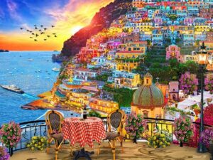 Positano Italy palapeli on ranskalaisen Bluebirdin 1000-palainen. Italian lempeässä ilta-auringossa Positano näyttää kauniilta ja lämpimältä. Pöydä on katettu valmiiksi. Meri läikkyy turkoosina. Kaikki 1000 palaa vie sinut matkalle Italian lämpöön. Valmistaja Bluebird Puzzle