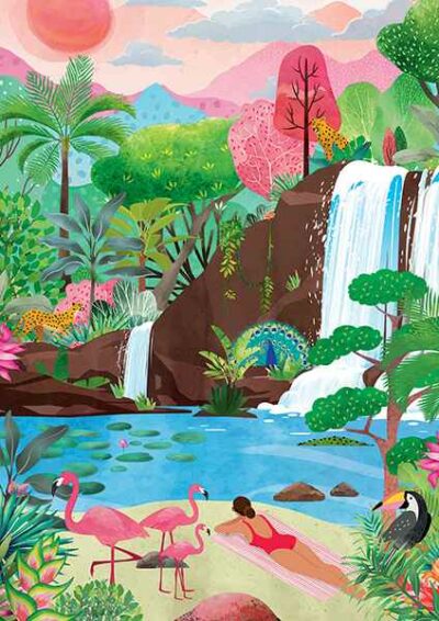 Tropical Vibes palapeli 500 palaa on Heln.illustration kuvittama tropiikin lämpöä hehkuva kuvitus.