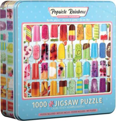 Popsicle rainbow palapeli 1000 palaa peltirasiassa on kanadalaisen Eurographics Puzzlesin ihanan värikäs jäätelöpuikot-palapeli, jonka kuvassa värikkäitä jäätelöpuikkoja vierekkäin.