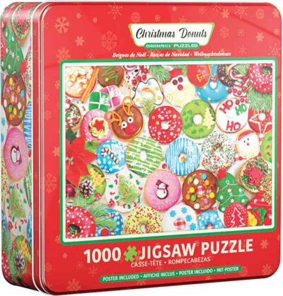 Christmas donuts palapeli 1000 palaa peltirasiassa on kanadalaisen Eurographics Puzzlesin ihanan värikäs joulupalapeli, jonka kuvassa värikkäät jouluherkut