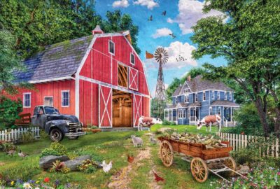 Family farm palapeli 550 palaa peltirasiassa on kanadalaisen Eurographics Puzzlesin maataloaiheinen palapeli, jonka kuvassa vanha auto. lehmiä ja punainen lato.