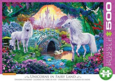 Unicorns Fairy land palapeli 500 palaa on kanadalaisen Eurographics Puzzlesin valmistama. Kuvassa yksisarviset ja linna.