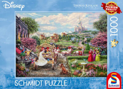 Cinderella Happily ever after palapeli 1000 palaa on Thomas Kinkade Studios kuvittama Disney-palapeli, jossa pääosassa Tuhkimo, prinssi ja upea linna.