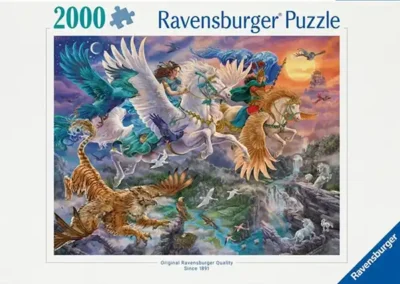 Pegasus and Friends palapeli 2000 palaa on Ravensburgerin syksyn 2024 uutuus. Kuvassa Pegasos - kreikkalaisen mytologian siivekäs hevonen - lentää ystäviensä kanssa.