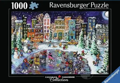 Canadian city lights palapeli 1000 palaa on Ravensburgerin Kanadan mallistoon kuuluva talvipalapeli.  Kanadalaisen kaupungin valot -palapeli kuvaa luistelevien lasten iloa ja värikkäitä taloja. Tummaa taivasta vasten näkyy lumihiutaleet, kuu loistaa taivaalla.