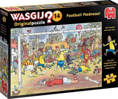 Wasgij Original 14 Football Madness palapeli 1000 palaa on alankomaalaisen Jumbon valmistama. Wasgissa pääset mukaan jalkapallomatsiin, ja mitä siellä oikeasti tapahtuukaan.