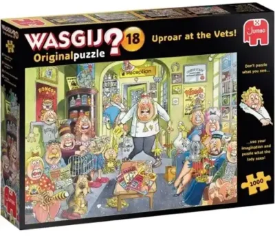 Wasgij Original 18 Uproar at the Vets palapeli 1000 palaa on alankomaalaisen Jumbon valmistama mysteeripalapeli. Wasgissa pääset mukaan eläinlääkäriin. Mitä siellä oikeasti tapahtuukaan.