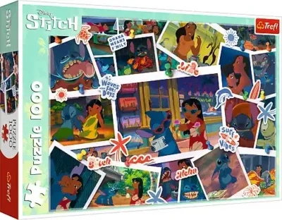 Lilo&Stitch Sweet Memories palapeli 1000 palaa, jossa veikeät kaverukset esiintyvät sarjakuvamaisessa kuvakollaasissa.