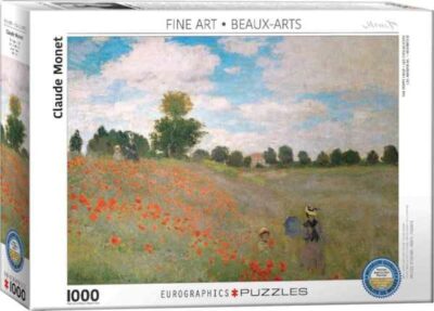 The Poppy Field palapeli 1000 palaa on Claude Monet'n maalaus vuodelta 1873. Taidepalapeli on kesäinen kuva unikkoniityltä, jossa nainen käyskentelee sinisen päivänvarjon kanssa.