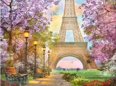 Paris Romance palapeli 1500 palaa on Ravensburgerin ihastuttava Pariisi-palapeli. Kuvassa puut kukkivat vaaleanpunaisin kukin, Eiffel-torni piirtyy taivasta vasten.