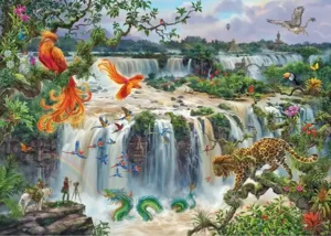 Waterfall Iguazu palapeli 1000 palaa on Ravensburgerin upea palapeli, jonka kuvassa retkeilijät ovat saapuneet Iguassun vesiputouksille kuvaamaan maisemia ja eläimiä.