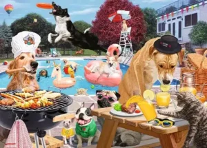 Dog days of summer palapeli 1000 palaa on Ravensburgerin huumorintäytteinen kuva uima-altaalta, jossa koirat nauttivat päivästä.