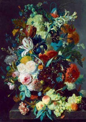 Still life with flowers and fruit palapeli 1000 palaa on ranskalaisen Bluebirdin taidepalapeli. Kuvassa alankomaalaisen taiteilijan Jan van Huysum kukkamaalaus vuodelta 1715