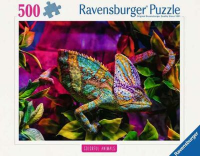 Chameleon palapeli 500 palaa on Ravensburgerin vuoden 2025 uutuus, jossa värikäs kameleontti.