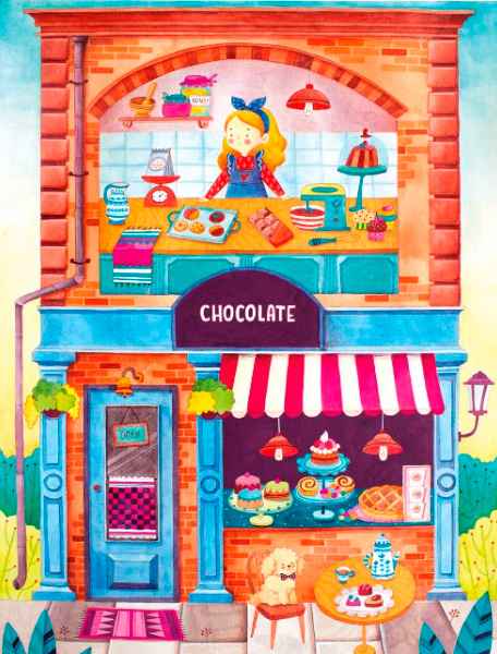 Magnolia Chocolate palapeli 1000 palaa on näkymä suklaakauppaan, jonka yläkerrassa nainen valmistaa herkkuja. Alakerran näyteikkunassa on esillä valmiita suklaaherkkuja.