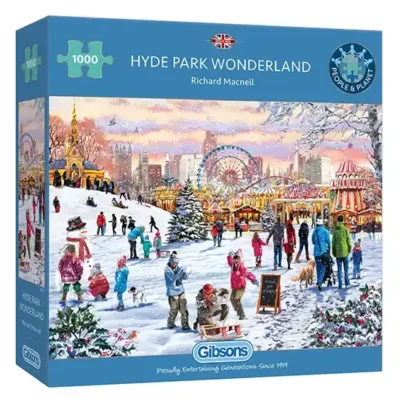 Hyde Park Wonderland palapeli 1000 palaa on brittiläisen Gibsonsin nostalginen kuva lumisesta lontoolaisesta Hyde Park -puistosta.