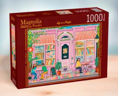 Magnolia Puzzle Cafe palapeli 1000 palaa. Palapelikahvilan edessä kootaan palapeliä ja vietetään leppoisaa aikaa.