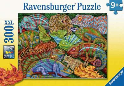 Riveting reptiles palapeli 300 palaa on Ravensburgerin niin lapsille kuin aikuisille tarkoitettu palapelattava, jonka koko valmiina on 42,2 x 29,2 cm. Matelijat-palapeli 300 palaa on helppo palapeli aikuiseen makuun.