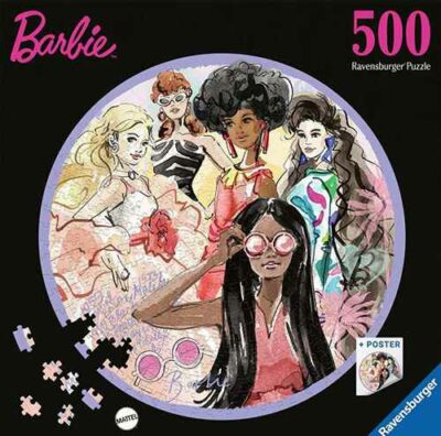 Barbie palapeli 500 palaa on Ravensburgerin vuoden 2025 uutuus pyöreä palapeli, jonka kuvassa Barbeja.