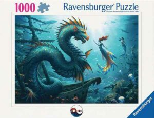 Enchanted Depths Dragon Mermaid palapeli 1000 palaa on Ravensburgerin vuoden 2025 uutuus. Kuvassa lohikäärme kohtaa merenneidon.