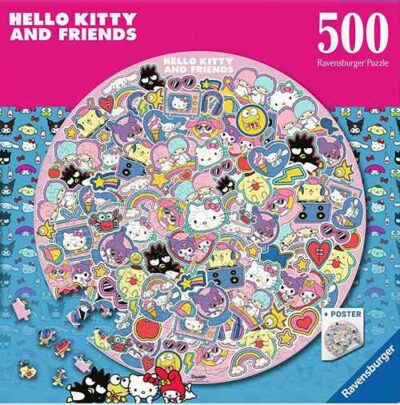 Hello Kitty Circular palapeli 500 palaa on Ravensburgerin vuoden 2025 uutuus pyöreä palapeli, jonka kuvassa Hello Kittyn kissamaisia hahmoja.