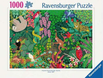 Magical Rain Forest palapeli 1000 palaa on Ravensburgerin vuoden 2025 uutuus. Kuvassa sademetsän eläimet nauttivat metsän monimuotoisesta kasvistosta ja olostaan puiden oksilla.