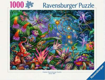 Rainbow Reverie palapeli 1000 palaa on Ravensburgerin vuoden 2025 uutuus. Sammakot, sudenkorennot ja kovakuoriaiset suojautuvat sateenkaarenväristen sienien ja kasvien joukkoon. 